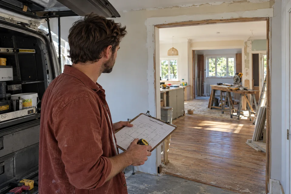 Illustrative scene: a sole trader checks an indistinct room scope sketch at an open work van beside a partly finished home renovation.