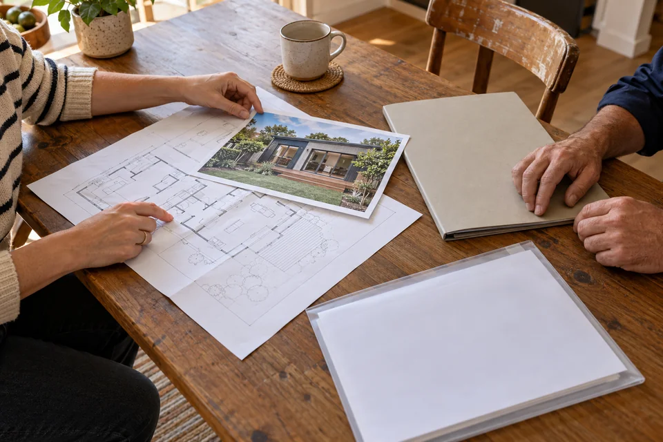 Illustrative scene: two people check a folded floor plan, plain folder and project photograph together at a modest kitchen table.