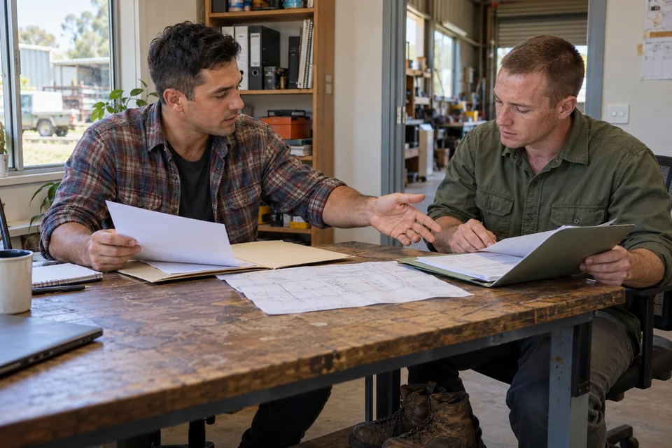 Illustrative scene: a business owner and proposed supervisor compare separate folders and a project plan at a worktable beside a small workshop.