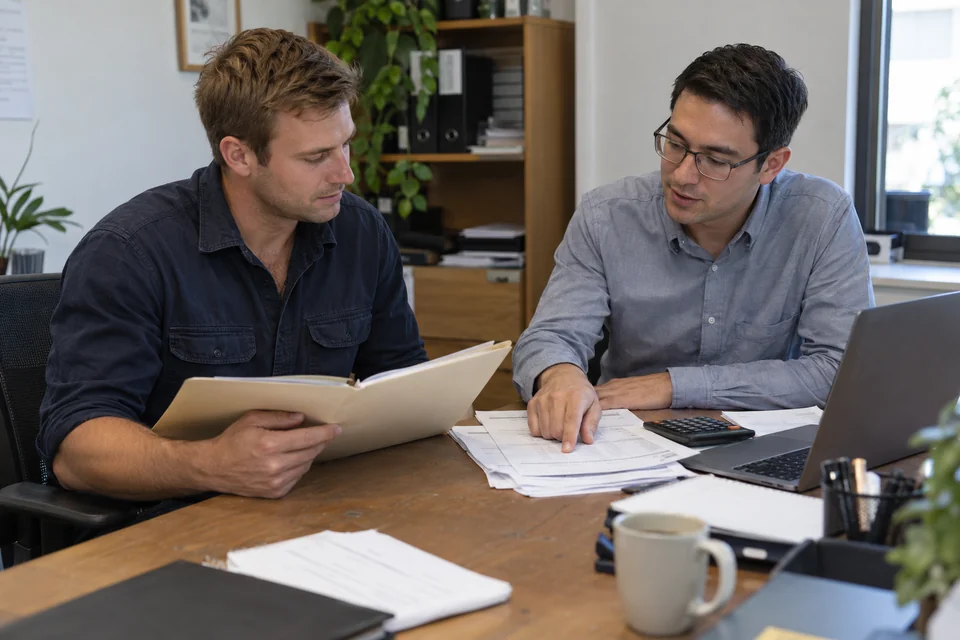Illustrative scene: a contractor and accountant review business records beside a calculator and open laptop at an ordinary office desk.