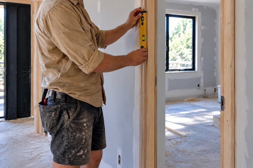 Illustrative scene: a carpenter checks a timber door jamb with a spirit level inside a partly finished home renovation.