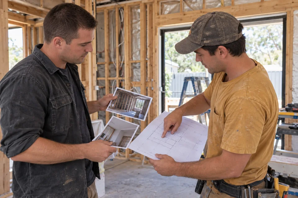 Illustrative scene: two builders compare project-stage photos and a plan inside a partly lined timber-frame home.