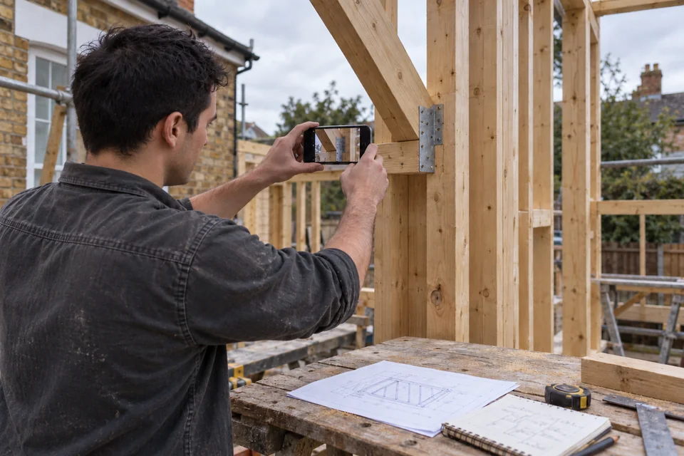 Illustrative scene: a framer photographs a timber frame junction beside a plan and notes.
