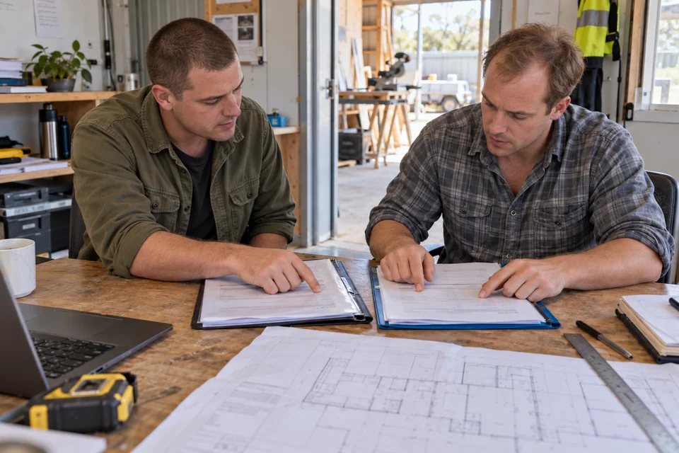 Illustrative scene: two directors compare separate business and personal record folders beside a project plan.