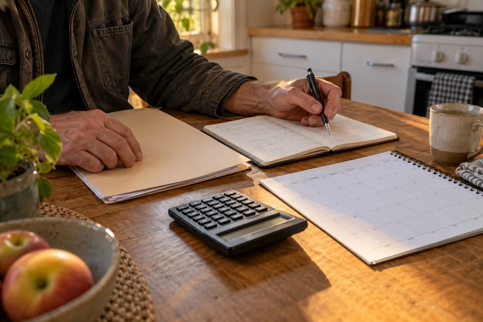 Illustrative scene: hands organise a plain folder, notebook, calculator, and paper calendar at a kitchen table.
